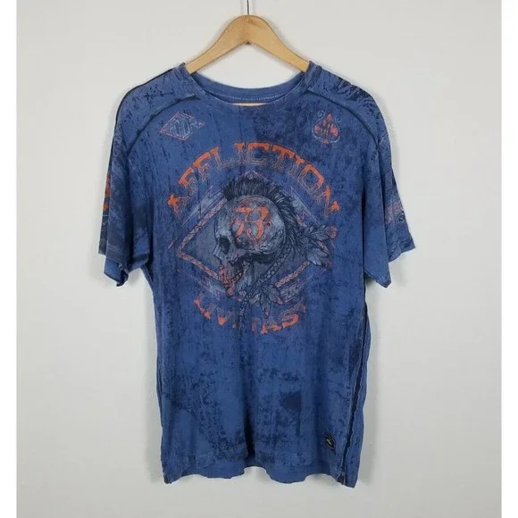 Affliction American Customs Warpath Blue Distressed Skull Graphic T-Shirt Sz XL - Picture 1 of 13